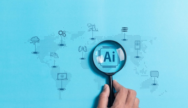 Tecnología de IA Lupa de enfoque IA tecnología de inteligencia artificial iconos en fondo azul para la tecnología inteligente robot ciencia innovación futurista