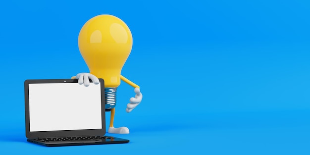 Tecnología y idea en línea concepto bombilla amarilla personaje de pie con pantalla en blanco portátil renderización 3d