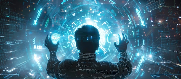 Tecnología de la información holográfica explorando conceptos de vanguardia con la ayuda de un hombre