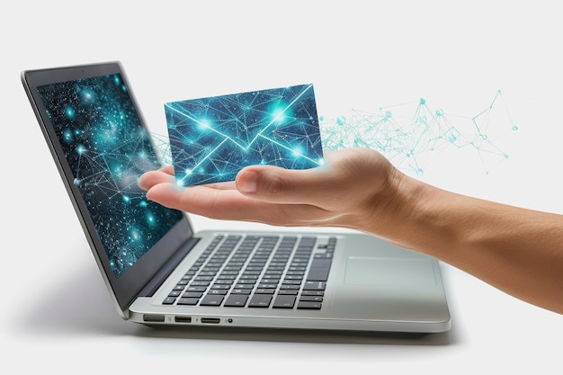 Tecnología de la información Holográfico 3D de una mano sosteniendo un sobre que sale de una computadora portátil