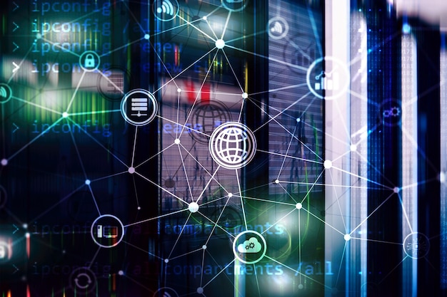 Tecnología de la información y las telecomunicaciones de las TIC y conceptos de internet de las cosas IOT Diagramas con iconos en los fondos de la sala de servidores