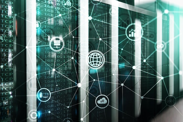 Tecnología de la información y las telecomunicaciones de las TIC y conceptos de internet de las cosas IOT Diagramas con iconos en los fondos de la sala de servidores