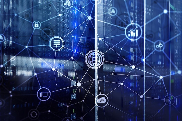 Tecnología de la información y las telecomunicaciones de las TIC y conceptos de internet de las cosas IOT Diagramas con iconos en los fondos de la sala de servidores