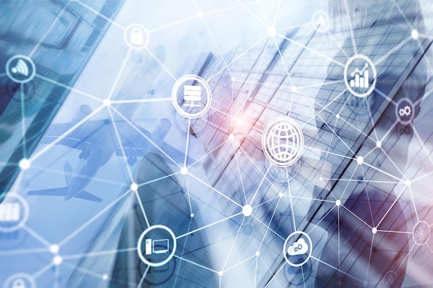 Tecnología de la información y las telecomunicaciones de las TIC y conceptos de internet de las cosas IOT Diagramas con iconos en los fondos de la sala de servidores