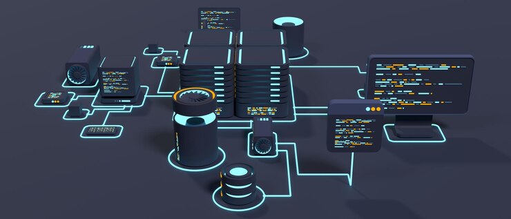 Foto tecnología informática ilustración 3d computación de grandes centros de datos computación en la nube dispositivos en línea cargan y descargan información ilustración 3d moderna representación 3d