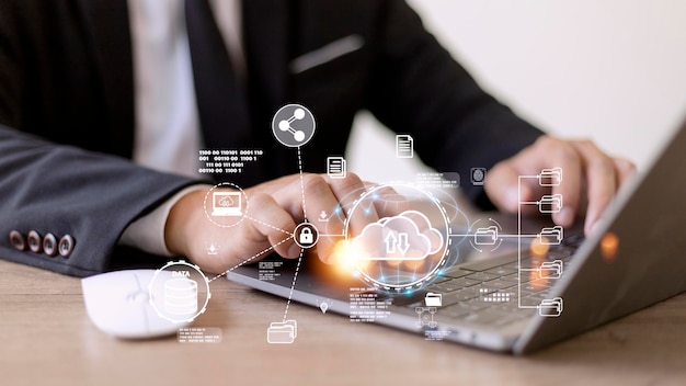Tecnología informática en la nube y almacenamiento en línea para redes empresariales de computadoras conectadas a servicios de servidor de Internet para la transferencia en la nube mostrada en la futura Red de Datos