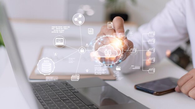 Tecnología informática en la nube y almacenamiento en línea para redes empresariales de computadoras conectadas a servicios de servidor de Internet para la transferencia en la nube mostrada en la futura Red de Datos