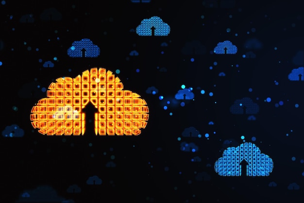 Tecnología informática en la nube y concepto de almacenamiento de datos con nube digital brillante con símbolo de flecha hacia arriba en la representación 3D de fondo tecnológico oscuro abstracto