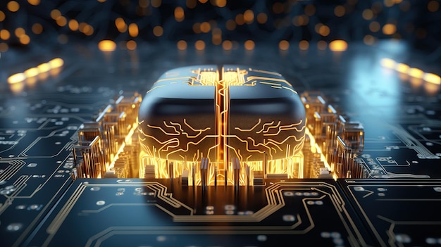 Tecnología de inteligencia artificial de placa de circuito cerebral de neón amarillo