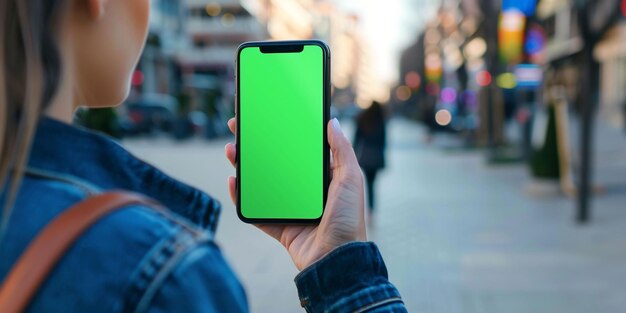 Tecnología interactiva en la vida cotidiana Mujer con un teléfono inteligente con pantalla verde