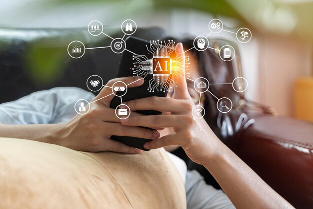 Foto tecnología de internet de las cosas sobre la mano de una mujer de negocios asiática usando el teléfono móvil inteligente ai y el concepto iot de negocios