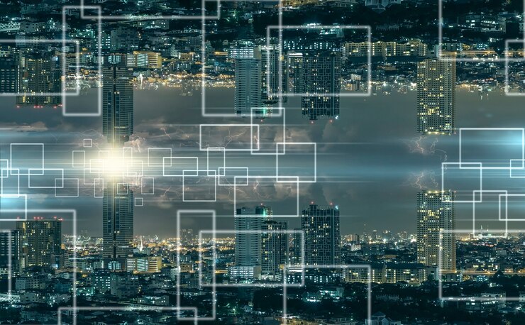 Foto tecnología de internet de las cosas sobre el panorama del paisaje urbano de bangkok durante la noche,