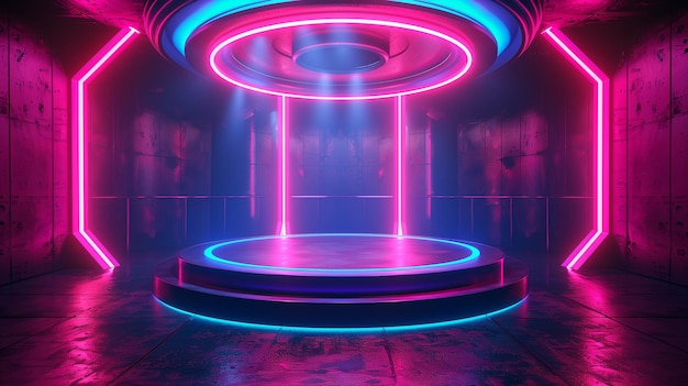 Tecnología de luz de línea azul y rosa de fondo de 3D Neon Podium