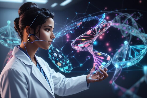 Foto tecnologia médica a rede dna rede de saúde digital em holograma médico futurista