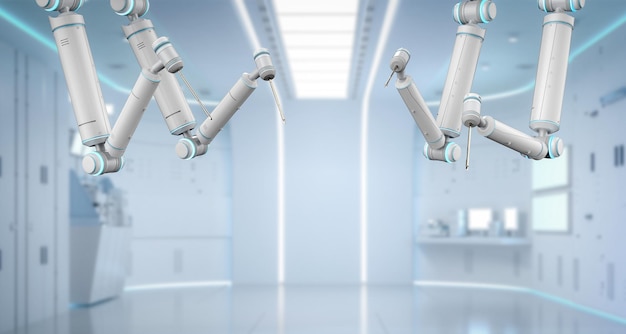 Tecnología médica con representación 3D de cirugía asistida por robots en sala de operaciones