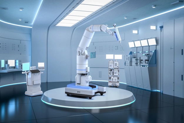 Tecnología médica con representación 3D de cirugía asistida por robots en sala de operaciones