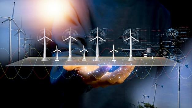 Tecnología para el medio ambiente Utilizando tecnología respetuosa con el medio ambiente Ingeniero diseña modelos de turbinas eólicas red de energía limpia