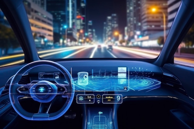 Foto tecnología moderna de automóviles inteligentes sistema inteligente que utiliza heads up display hud vehículo en modo de conducción autónoma en carreteras de la ciudad con sistema de señal de radar de sensor gráfico coche inteligente