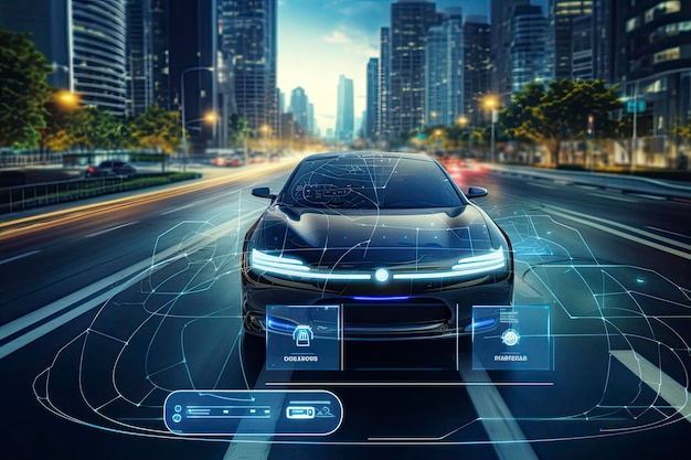 Foto tecnología moderna de automóviles inteligentes sistema inteligente utilizando heads up display hud vehículo en modo de conducción autónoma en la carretera de la ciudad con sensor gráfico sistema de señal de radar coche inteligente