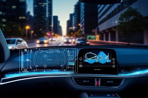 Tecnología moderna de automóviles inteligentes sistema inteligente utilizando Heads up display HUD vehículo en modo de conducción autónoma en la carretera de la ciudad con sensor gráfico sistema de señal de radar coche inteligente