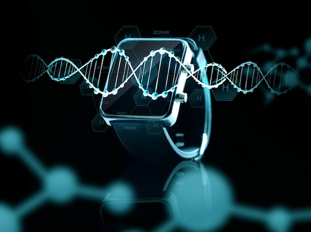 tecnología moderna, ciencia, biología y concepto de objeto: cierre del reloj inteligente negro sobre proyecciones moleculares de adn