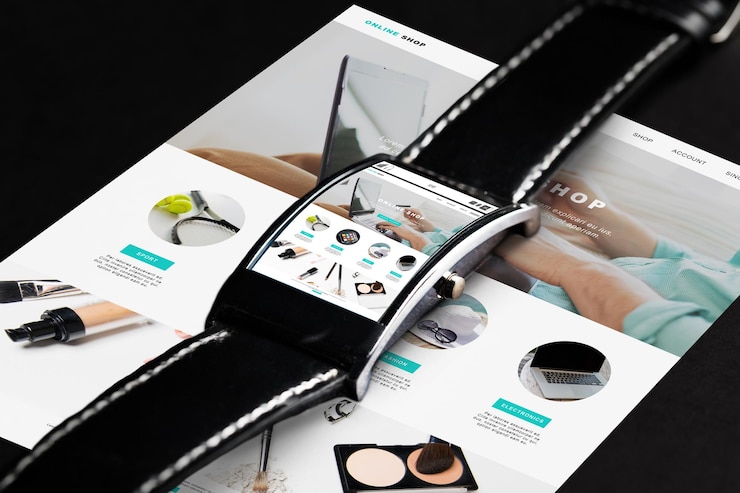 Foto tecnología moderna, compras por internet, concepto de objeto y medios: cierre de reloj inteligente negro con página web de tienda en línea en pantalla