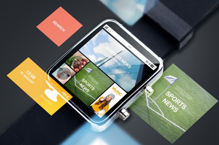 Foto tecnología moderna, objeto, internet y concepto de medios masivos - cierre de reloj inteligente con páginas web de noticias en pantalla