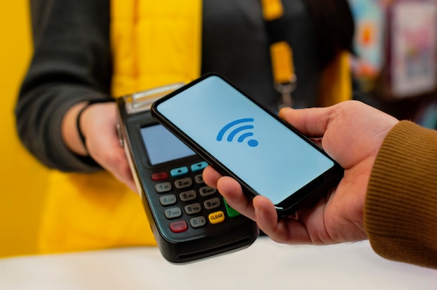 tecnologia NFC, um comprador do sexo masculino tem um smartphone com pagamento sem fio nas mãos.
