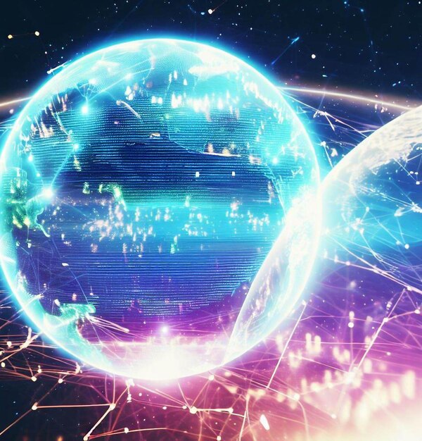 Tecnologia noturna terra de néon global internet virtual mundo conexão de rede de tecnologia