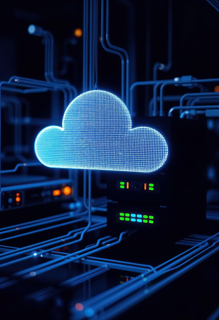 Foto tecnología de nube futurista almacenamiento digital azul brillante gestión de datos concepto de red de internet