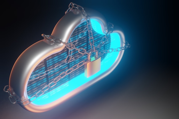 Tecnología de nube de seguridad. Concepto de protección en la nube y blockchain. Representación 3d