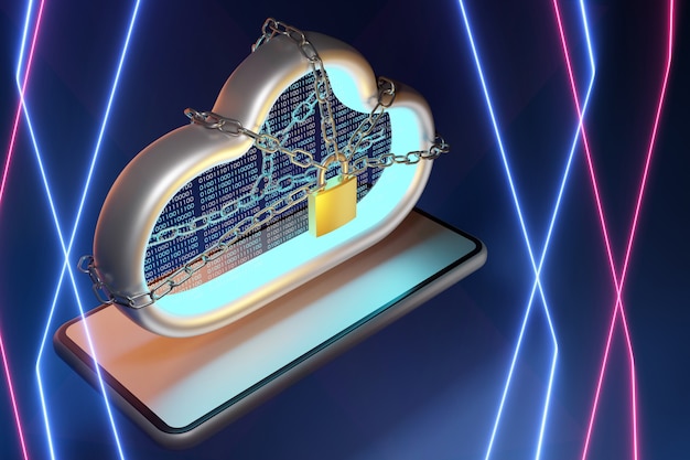 Tecnología de nube de seguridad. Concepto de protección en la nube. Representación 3d