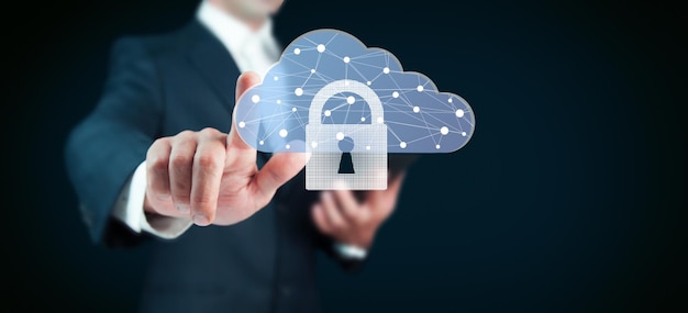 Tecnología en la nube Signo de almacenamiento en la nube de estructura alámbrica poligonal con candado