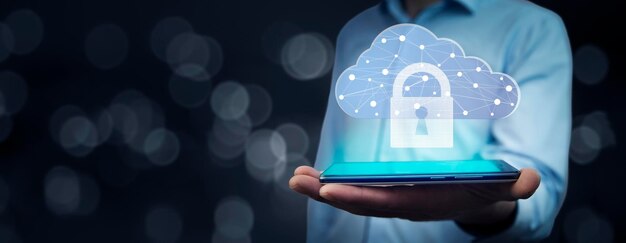 Tecnología en la nube Signo de almacenamiento en la nube de estructura alámbrica poligonal con candado