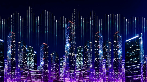 Tecnología paisaje de la ciudad nocturna inteligente panorama futurista fondo de la ciudad digital concepto de internet de datos empresariales