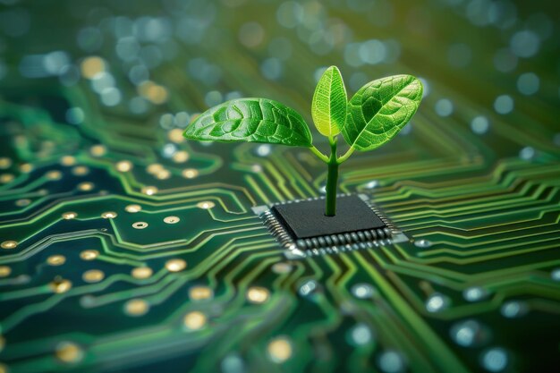 Foto tecnología de pequeñas plantas en placas de circuitos y concepto de sostenibilidad