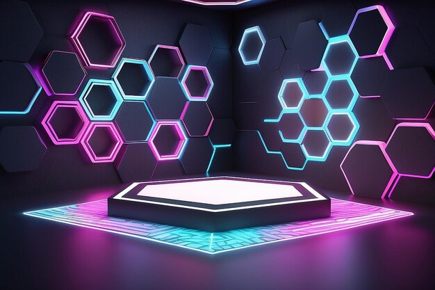 Tecnología piso y pared El fondo de la base del producto en la habitación con luz láser hexagonal ilustración 3D