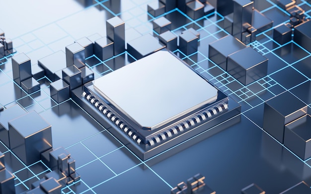 Tecnología de placa de circuito y núcleo de renderización 3D Ilustración 3D