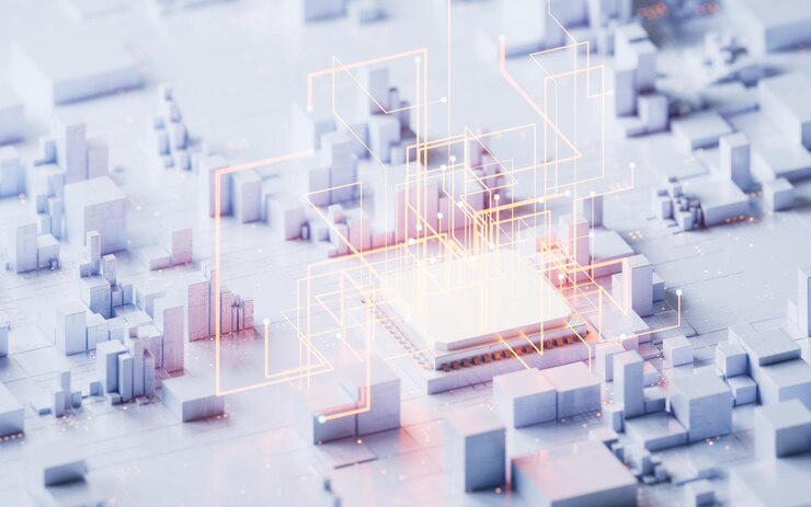 Foto tecnología de placa de circuito y núcleo de renderización 3d ilustración 3d