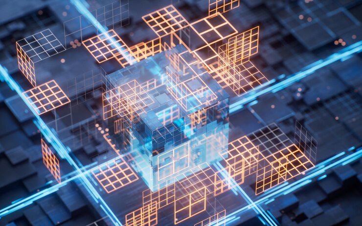 Foto tecnología de placa de circuitos y renderización 3d del núcleo