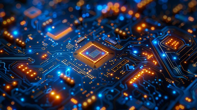 Tecnología de placas de circuitos en fondo azul oscuro Concepto de procesamiento de información Ilustración moderna