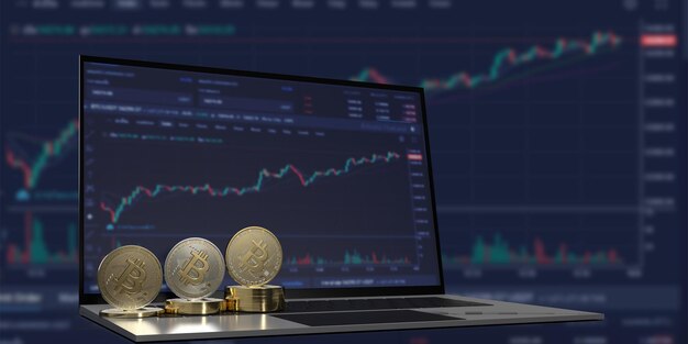 Tecnología Precio de activos digitales moneda de oro bolsa de valores gráfico comerciante de negocios dinero fondo financiero billetera bloque cadena innovación futuro cibernético en pantalla táctil computadora portátil laptop3d render