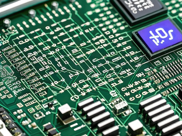 Tecnología de primer plano de la placa base Procesador de computadora de placa de circuito de microchip integrado con luz de neón