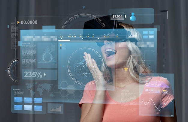 tecnología, realidad aumentada, ciberespacio, entretenimiento y concepto de personas - feliz mujer joven sorprendida con auriculares virtuales o gafas 3d en casa y proyección de pantalla
