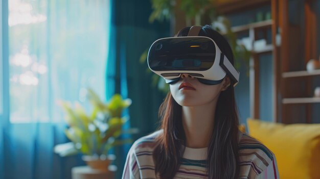 Tecnología de realidad virtual y concepto de entretenimiento en el hogarMujeres asiáticas jóvenes que usan auriculares de realidad virtualVR