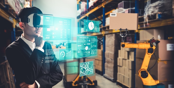 Foto tecnología de realidad virtual del futuro para la gestión innovadora de almacenes de realidad virtual