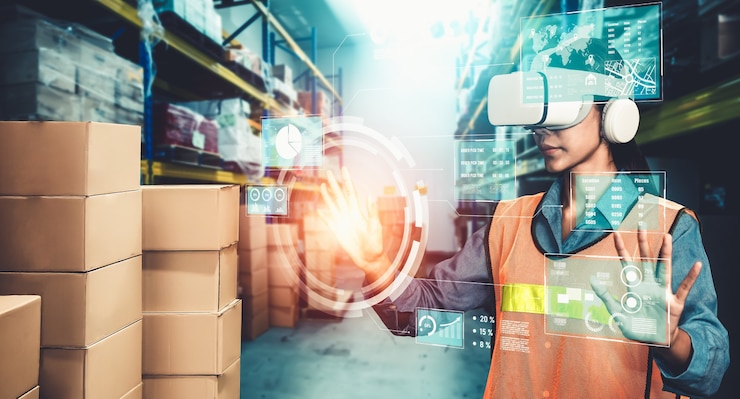 Foto tecnología de realidad virtual del futuro para la gestión innovadora de almacenes de realidad virtual