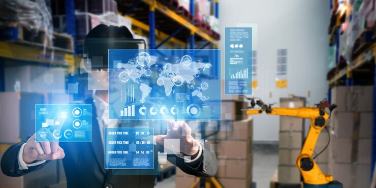 Foto tecnología de realidad virtual del futuro para la gestión innovadora de almacenes de realidad virtual