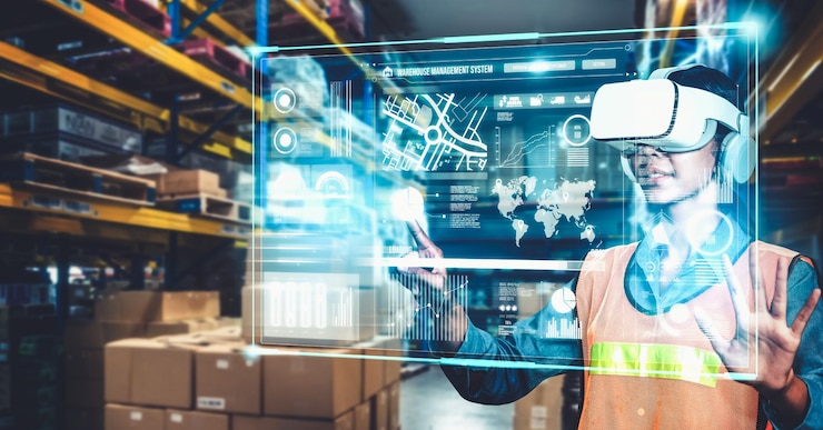Foto tecnología de realidad virtual del futuro para la gestión innovadora de almacenes de realidad virtual