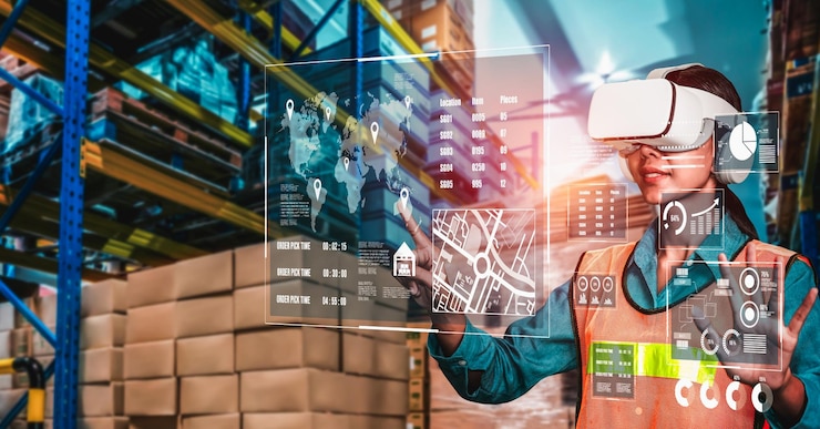 Foto tecnología de realidad virtual del futuro para la gestión innovadora de almacenes de realidad virtual
